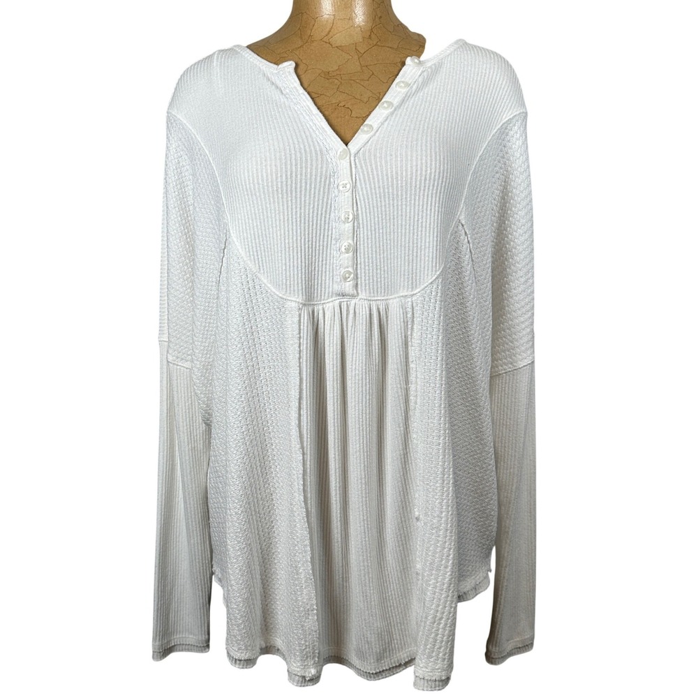Free People Womens‎ White Henley Thermal Top Oversized Loose Ribbed Size M